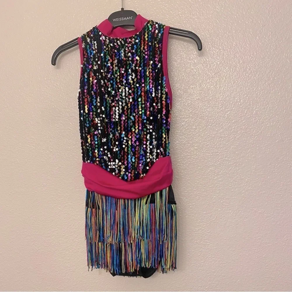 WEISSMAN solo Dance Costume colorful black rainbow fringe Dimples 13573 LC child